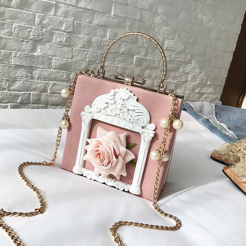 Pink Retro Flowers Box Mini Crossbody Bags Lolita Pearl Chain Bag