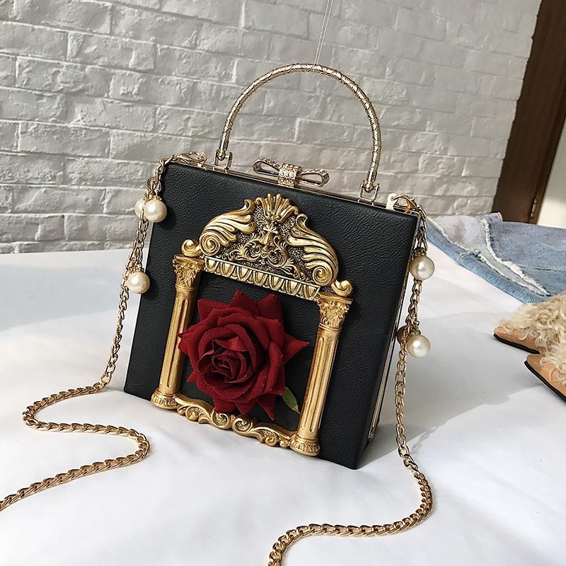 Black Retro Flowers Box Mini Crossbody Bags Lolita Pearl Chain Bag