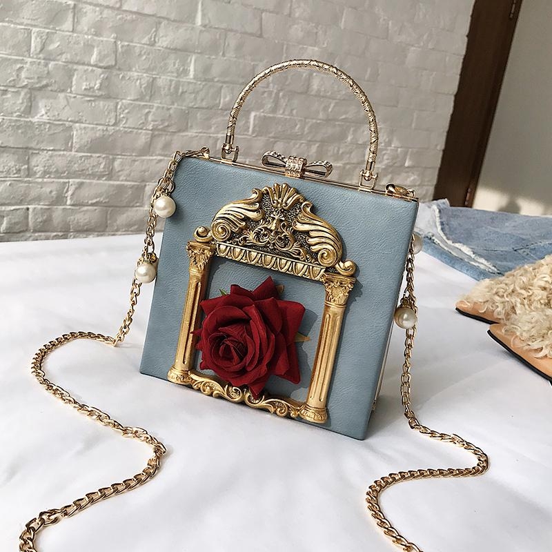 Blue Retro Angel Box Mini Crossbody Bags Lolita Pearl Chain Bag