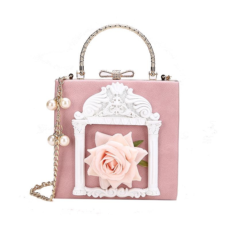 Black Retro Flowers Box Mini Crossbody Bags Lolita Pearl Chain Bag