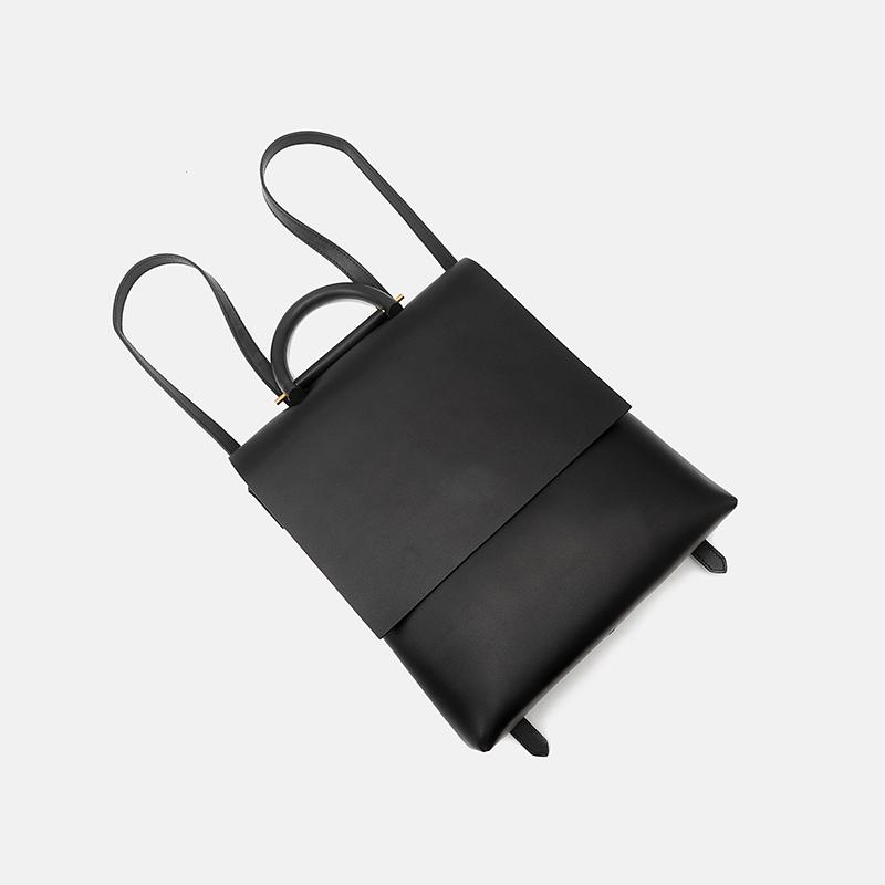 Black Retro Flap School Leather Backpack with Top Handle