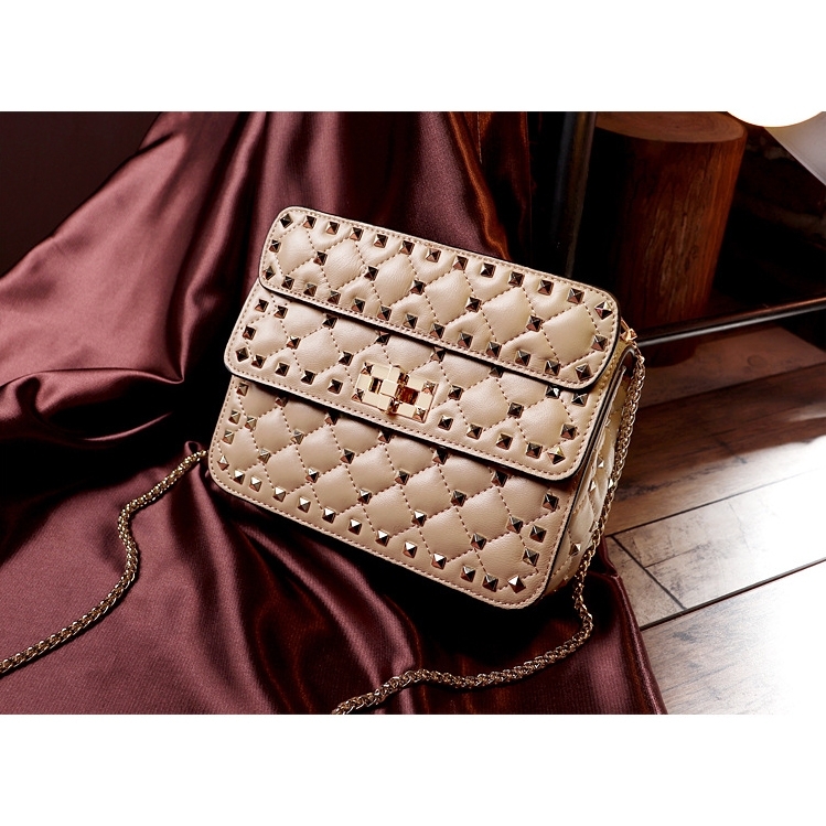 Nude Rockstud Leather Quilted Handbags Foldover Crossbody Chain Bags