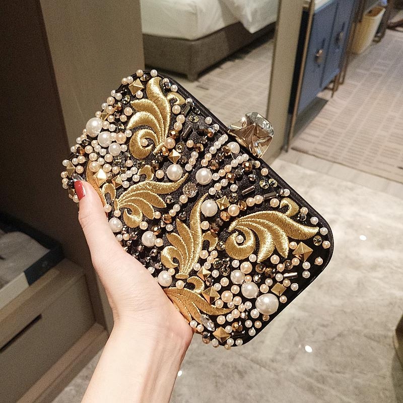Black Satin Embroideried Clutch Bags Pearls Beads Evening Bags