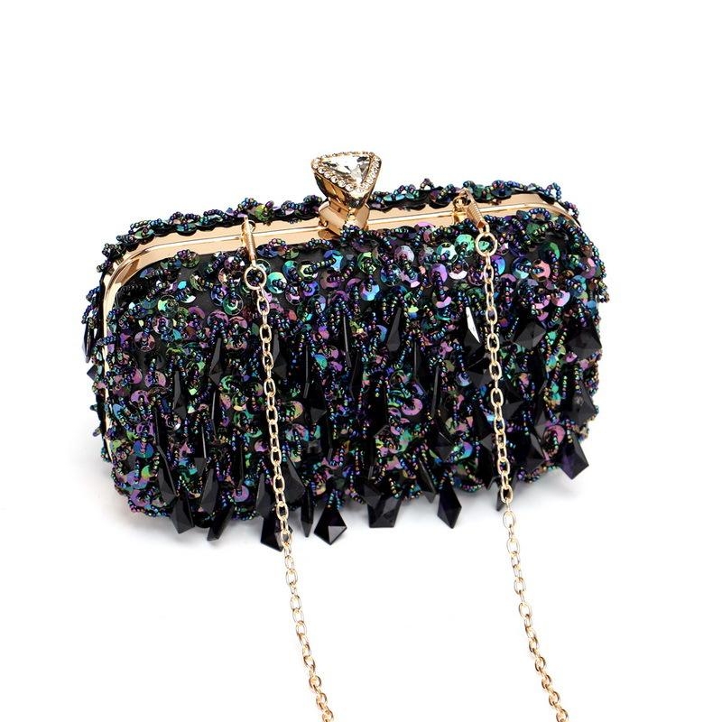 Black Sequins Top Handle Evening Box Clutch Purse With Chain Strap