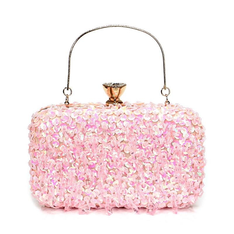 Pink Sequins Top Handle Evening Box Clutch Purse With Chain Strap