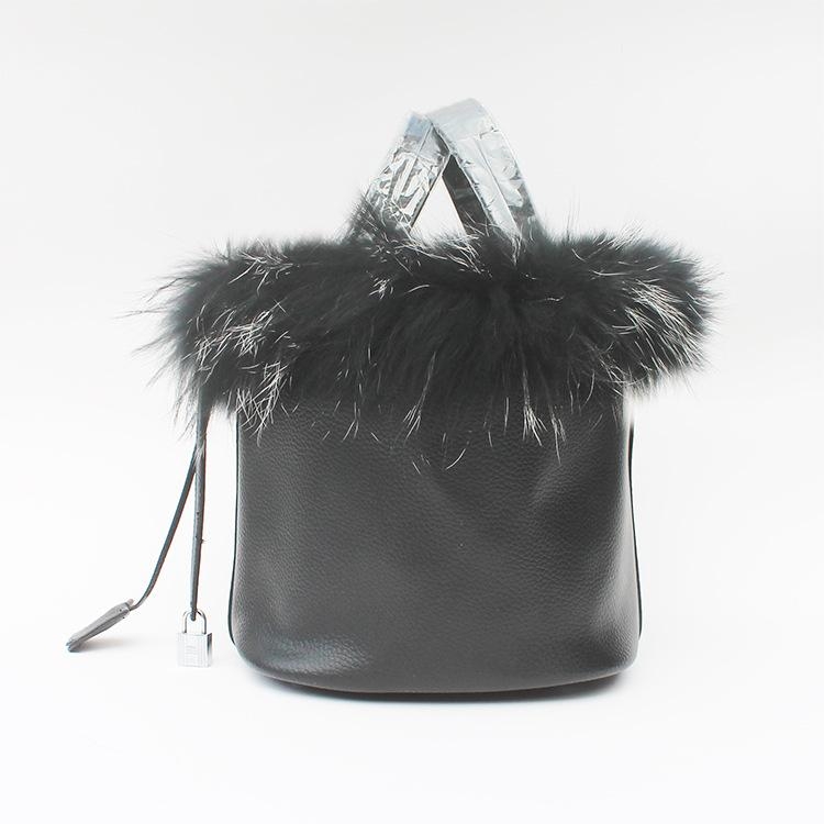 White Vegan Leather Faux Fur Bucket Handbags