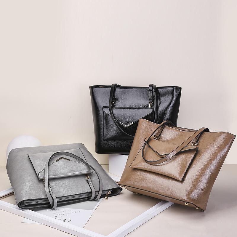 Grey Vegan Leather Tote Bags with Pocket