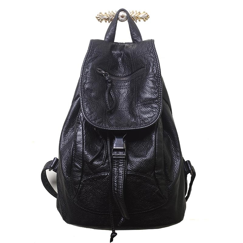 Black Vintage Vegan Leather Flap School Backpacks
