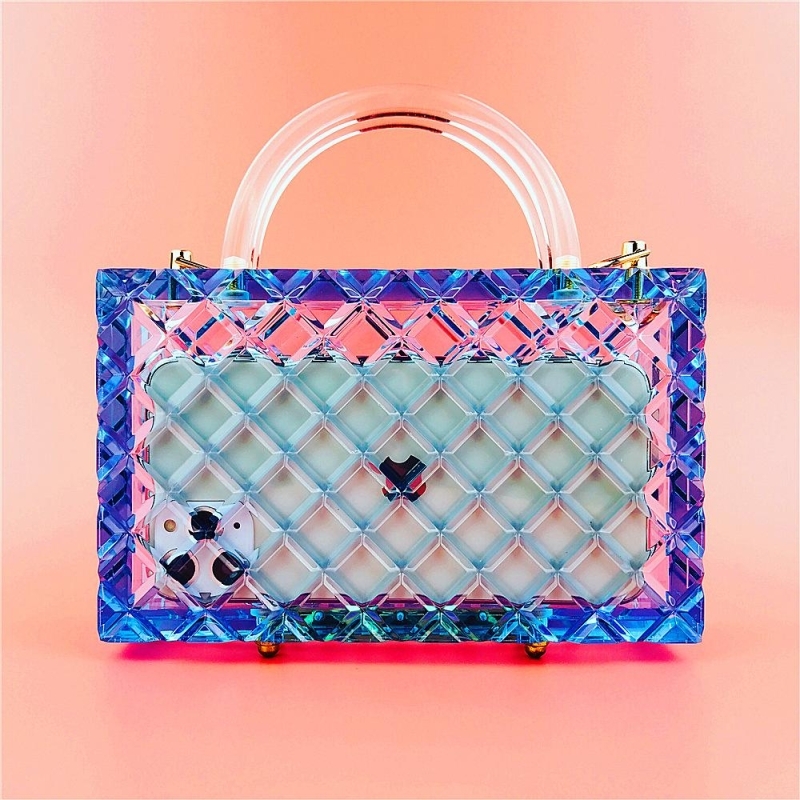 Blue Acrylic Clear Quilted Box Clutch Bags With Transparent Chain