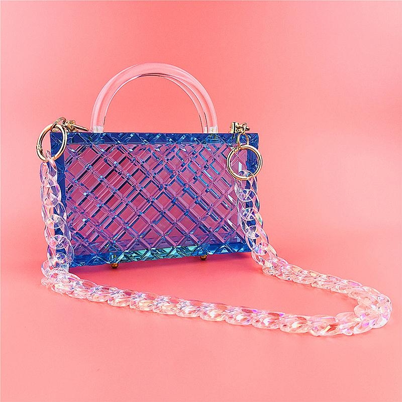 Blue Acrylic Clear Quilted Box Clutch Bags With Transparent Chain