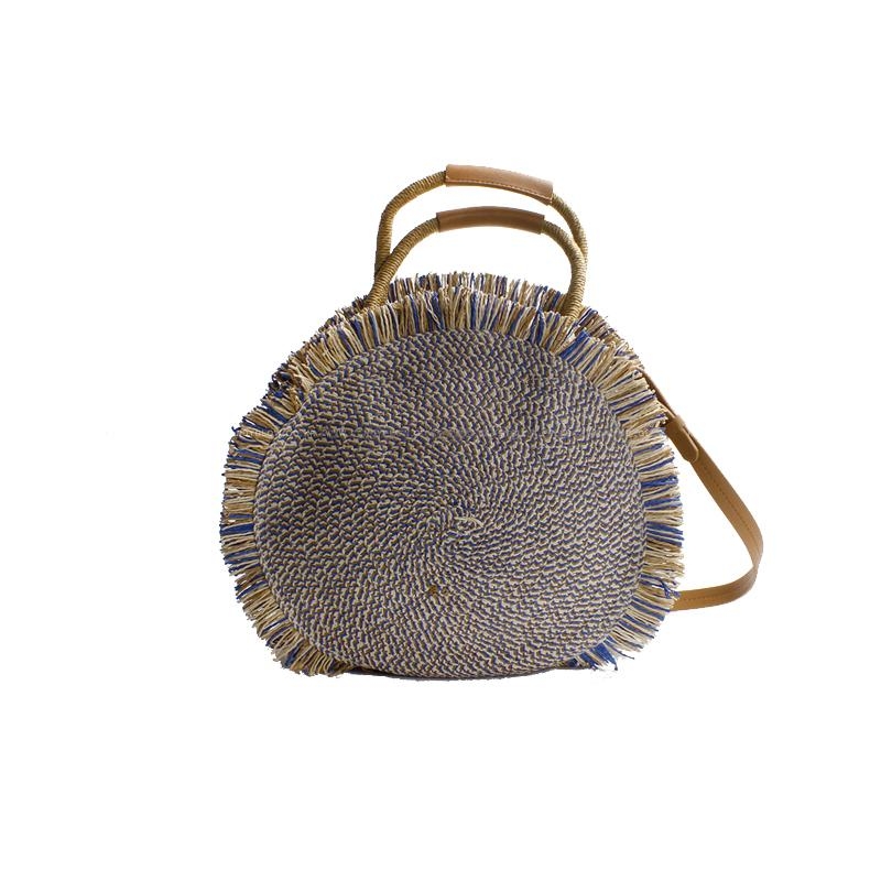 Blue Bohemia Straw Circle Handbag Fringe Beach Bags Crossbody Purse