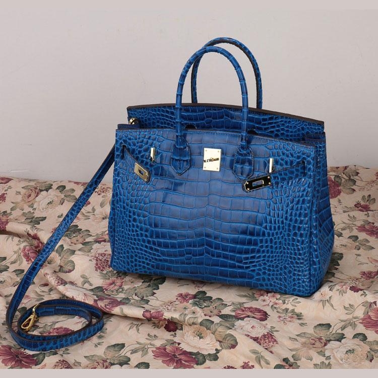 Blue Croc Embossement Leather Handbags Metal Lock Satchel Bag | Baginning