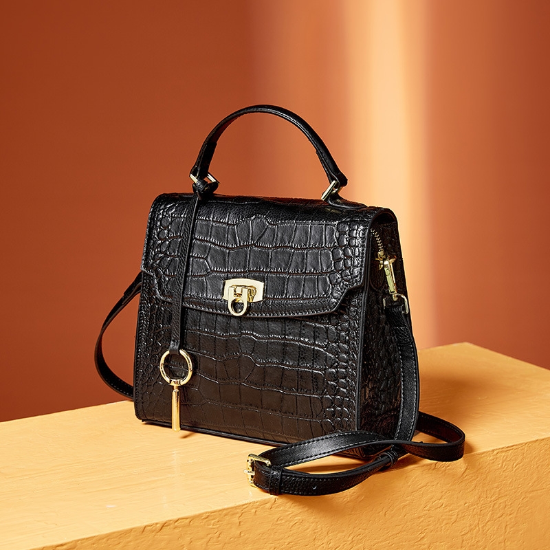 Black Leather Croc Print Crossbody Satchel Bag Top Handle Flap Handbag