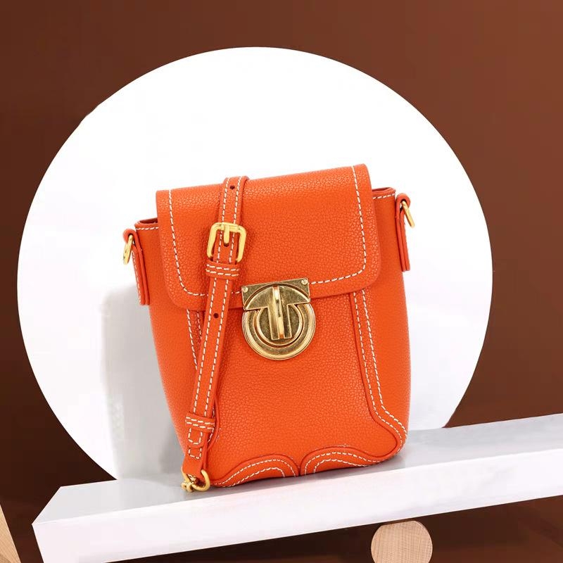 Orange Leather Crossbody Turnlock Cell Phone Purse with Chain