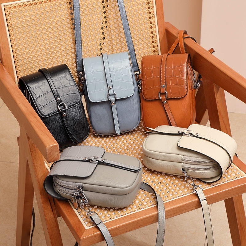 Grey Leather Flap Cell Phone Pouches Crossbody Mini Bags
