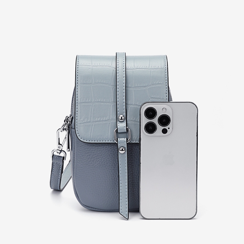 Grey Leather Flap Cell Phone Pouches Crossbody Mini Bags