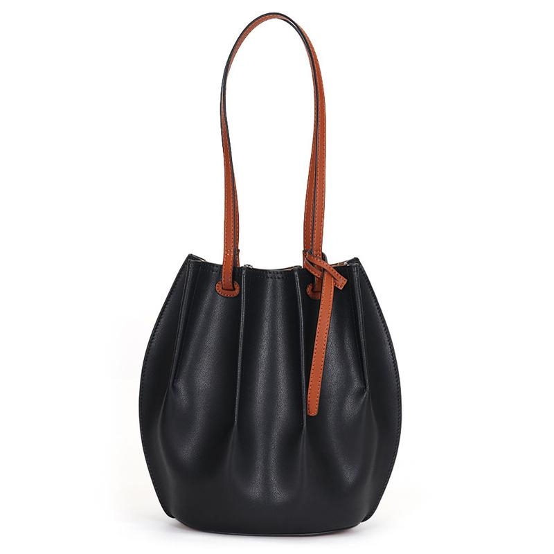 Black Leather Soft Bucket Bag Top Handle Handbag with Inner Purse