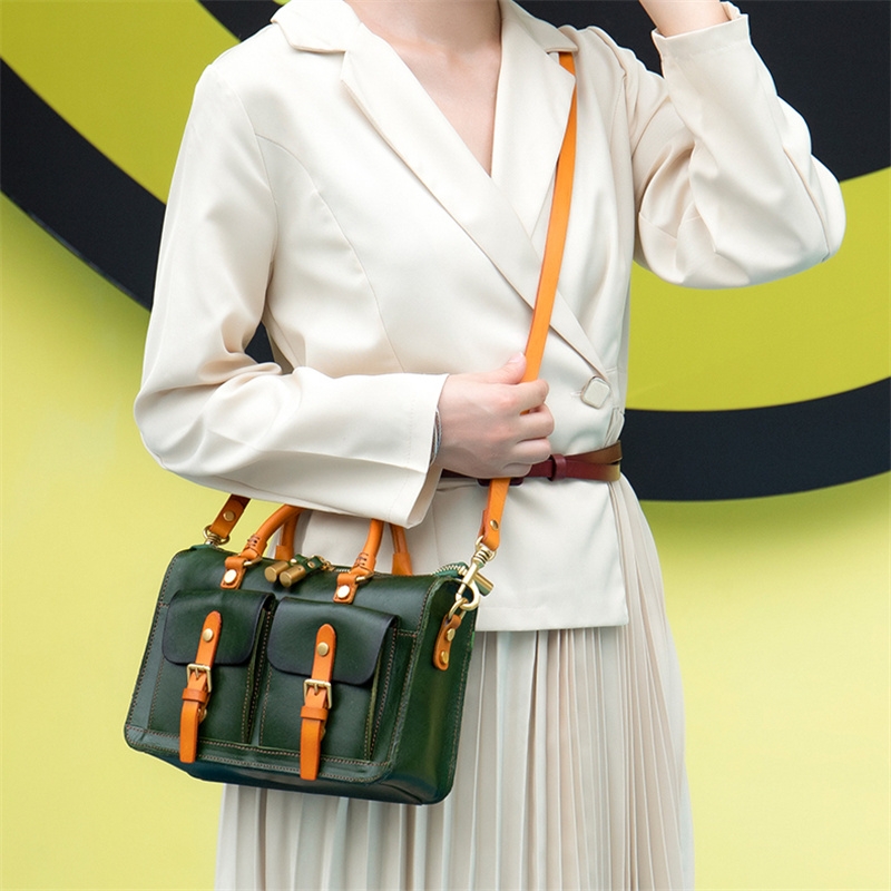 Green Retro Pocket Boston Bag Trend Shoulder Satchel Handbags