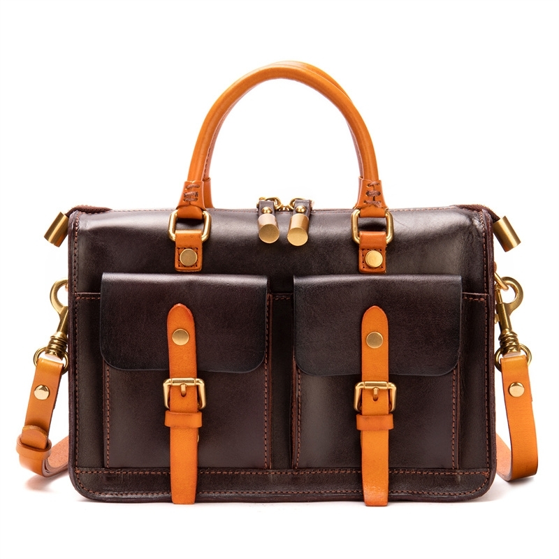 Coffee-brown Retro Pocket Boston Bag Trend Shoulder Satchel Handbags