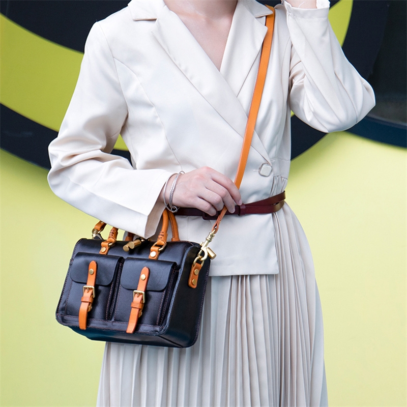  Black Retro Pocket Boston Bag Trend Shoulder Satchel Handbags
