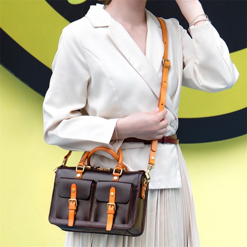 Coffee-brown Retro Pocket Boston Bag Trend Shoulder Satchel Handbags