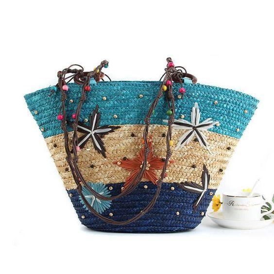 Blue Straw Beach Bag Recycle Summer Tote Bag for Honeymoon
