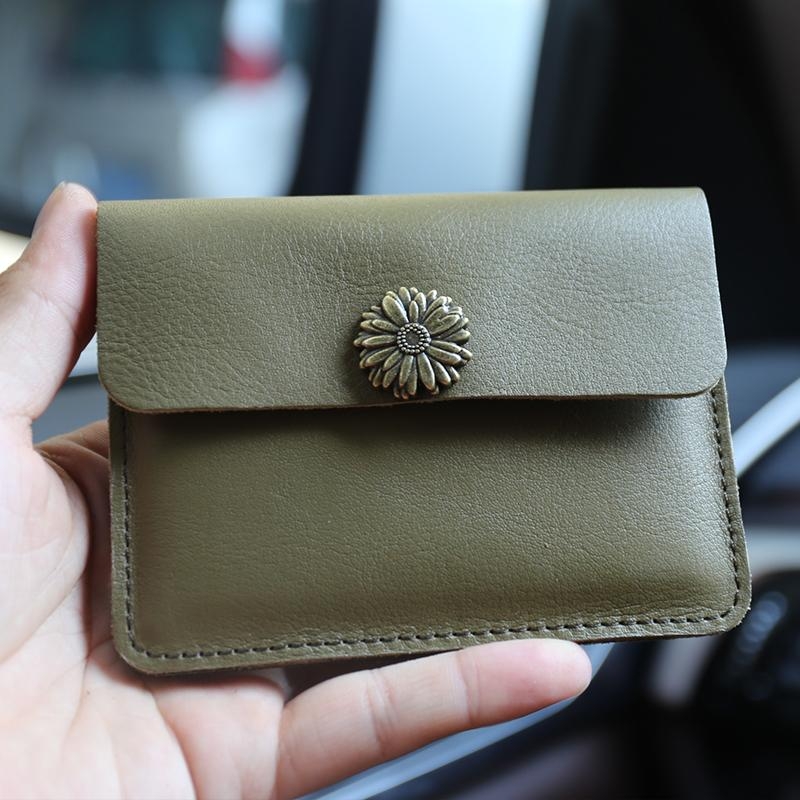 Black Flower Cow Leather Card Holder Fold Wallet for Women