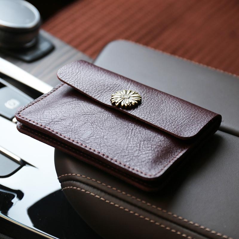 Burgundy Flower Cow Leather Card Holder Fold Wallet for Women