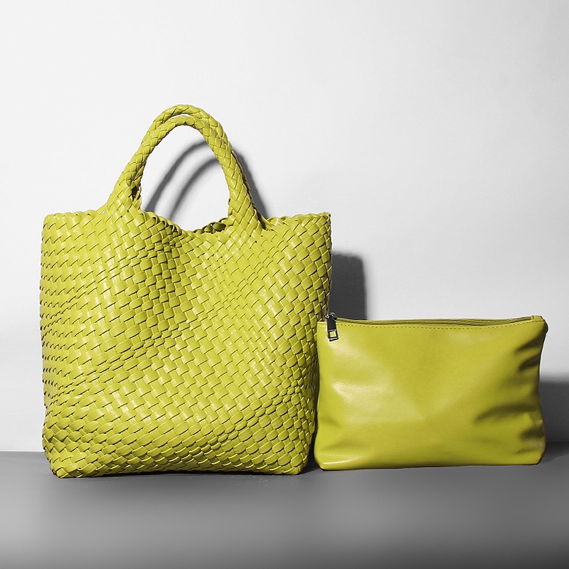 Light Green Woven Vegan Leather Shopper Bag Large Soft Handbag for Work