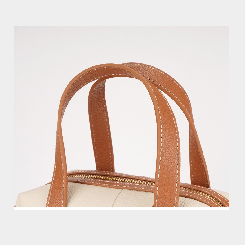 Brown and White Leather Boston Handbag Litchi Grain Crossbody Purse