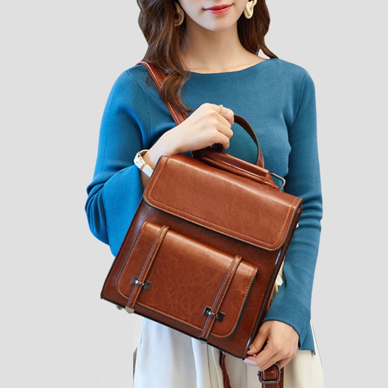 Brown Genuine Leather Vintage Flap Backpack for College