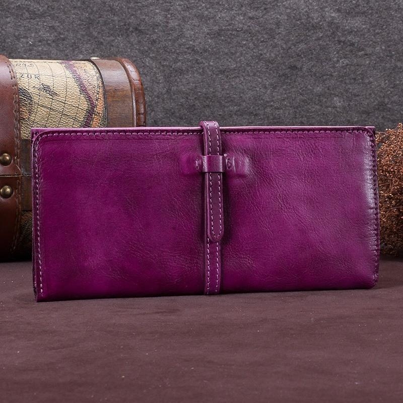 Purple Belt Wallet Vintage Cow Leather Long Wallet