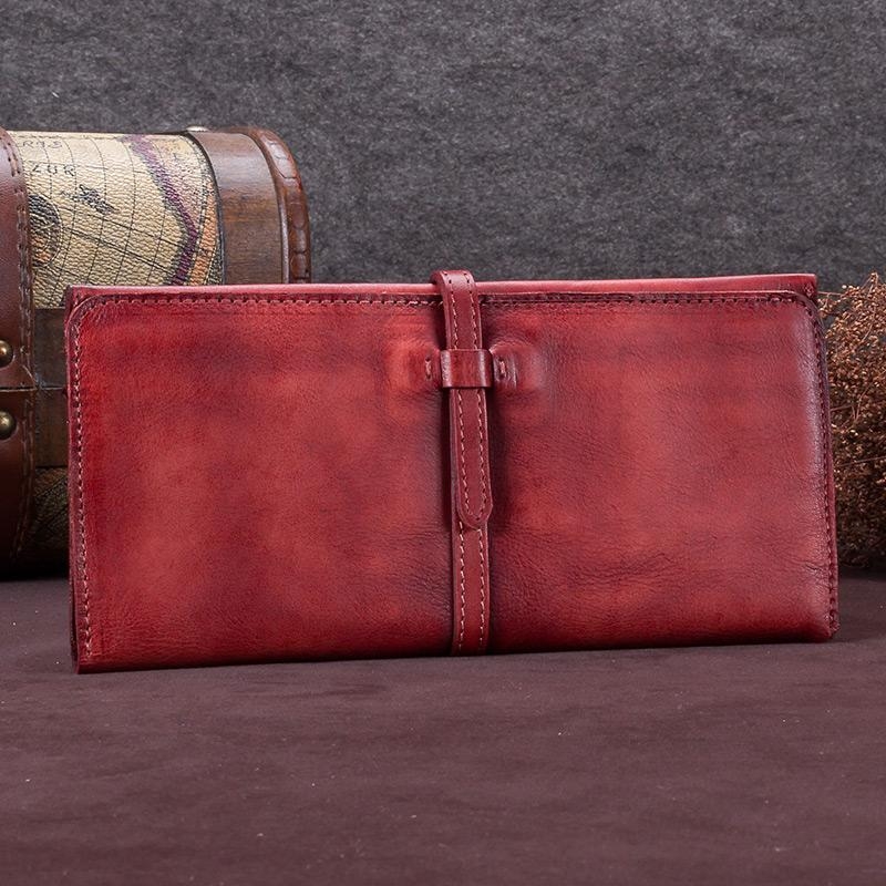 Red Belt Wallet Vintage Cow Leather Long Wallet