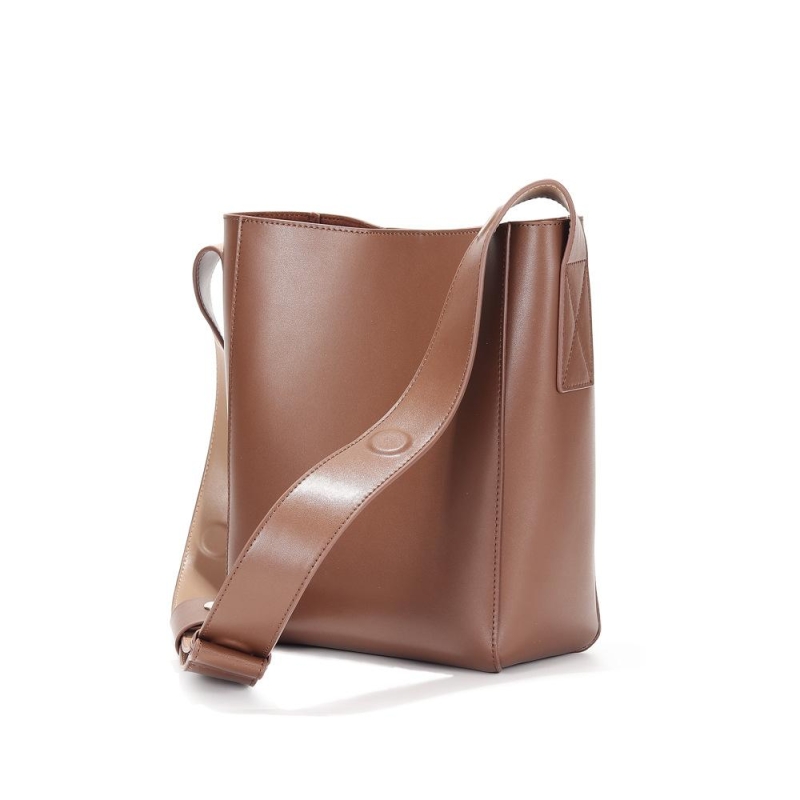 Brown Genuine Leather Crossbody Bucket Bag with Wide Strap