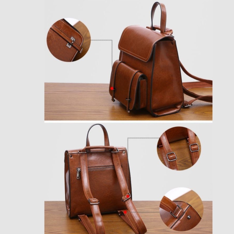 Coffee Genuine Leather Vintage Flap Backpack for College