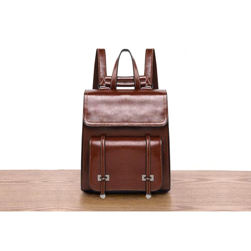 Coffee Genuine Leather Vintage Flap Backpack for College