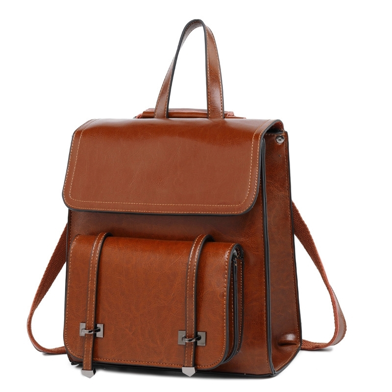 Brown Genuine Leather Vintage Flap Backpack for College