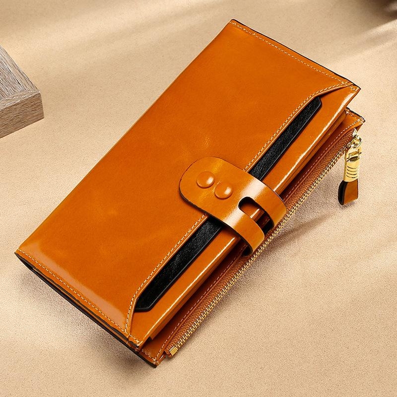 Brown Genuine Leather Wallet Retro Folded Long Wallet for Work
