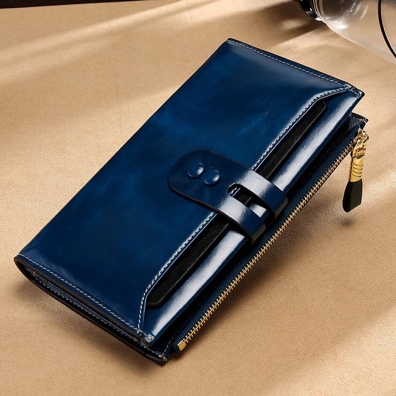 Dark Blue Genuine Leather Wallet Retro Folded Long Wallet for Work