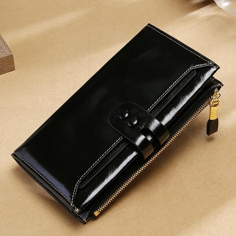 Black Genuine Leather Wallet Retro Folded Long Wallet for Work