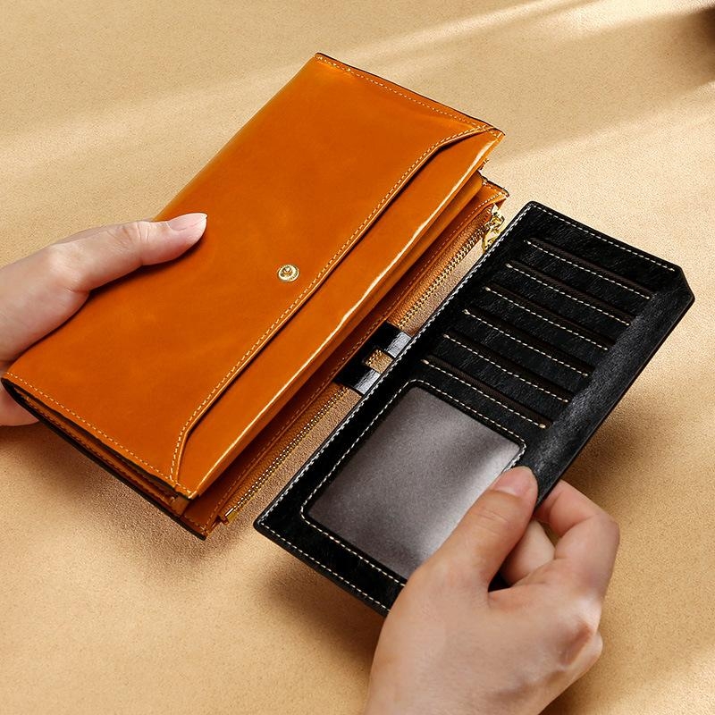 Brown Genuine Leather Wallet Retro Folded Long Wallet for Work