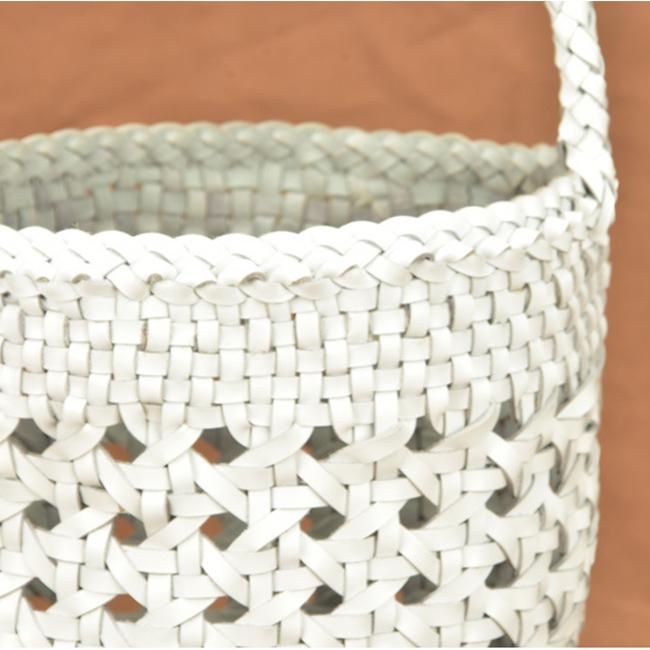 White Genuine Leather Woven Bag Hollow-out Bucket Bag Purse