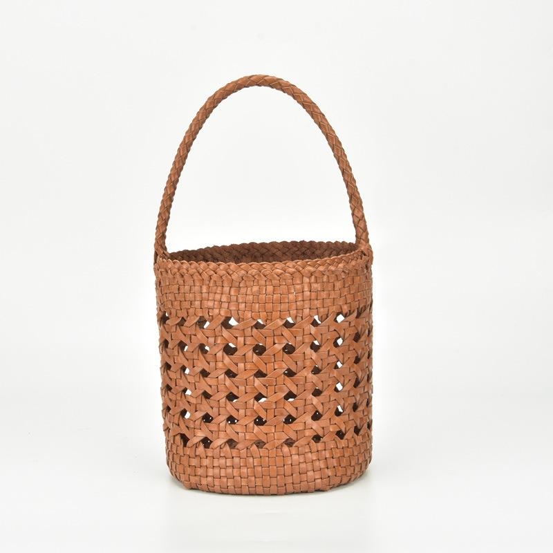 Brown Genuine Leather Woven Bag Hollow-out Bucket Bag Purse