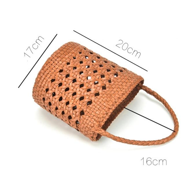 Brown Genuine Leather Woven Bag Hollow-out Bucket Bag Purse
