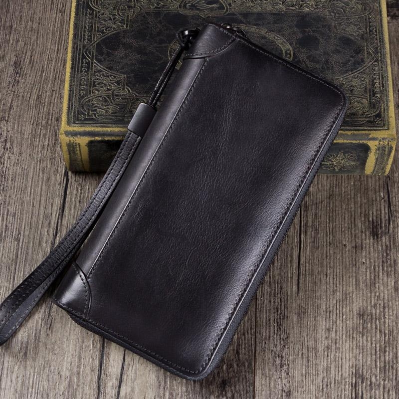 Dark Grey Hand-made Cowhide Leather Wallet Zipper Long Wallet