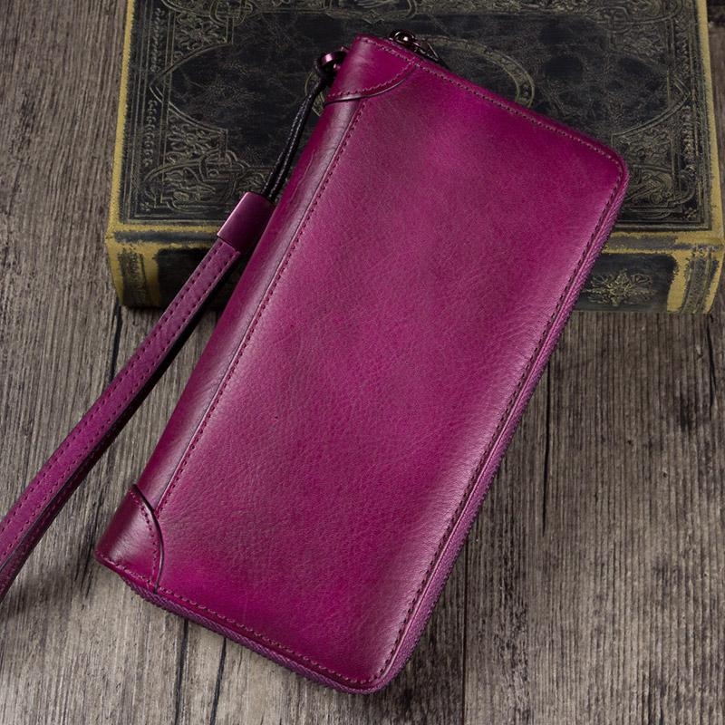 Purple Hand-made Cowhide Leather Wallet Zipper Long Wallet for Women