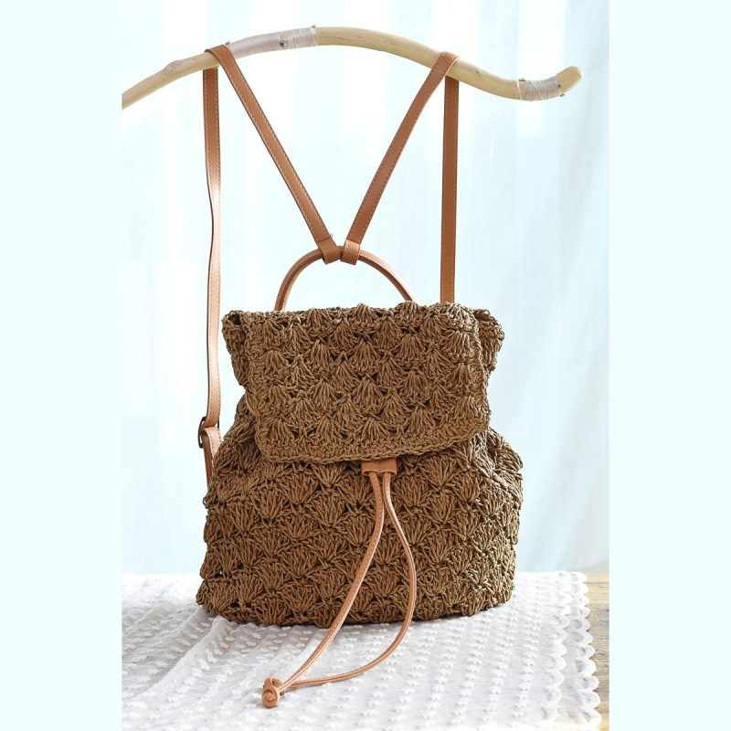 Brown Straw Backpack Hollow out Mini Summer Backpack Beach Bags