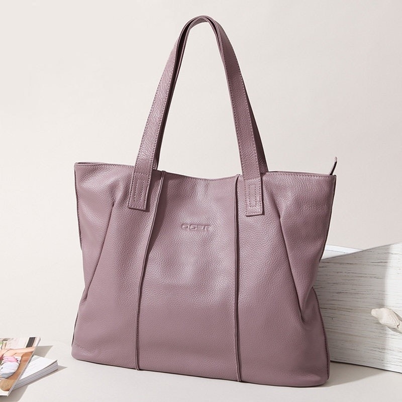 Red Soft Genuine Leather Tote Bag Simply Large Shoulder Shopper Bag