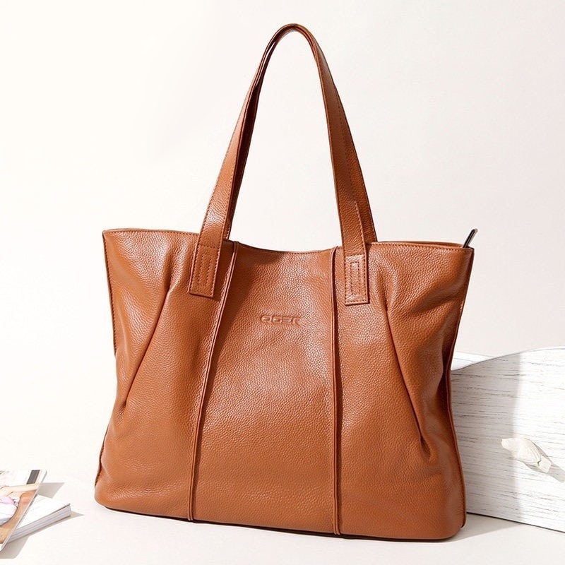 Red Soft Genuine Leather Tote Bag Simply Large Shoulder Shopper Bag