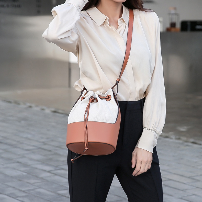Brown Leather and White Canvas Belt Tightened Bucket Handbags